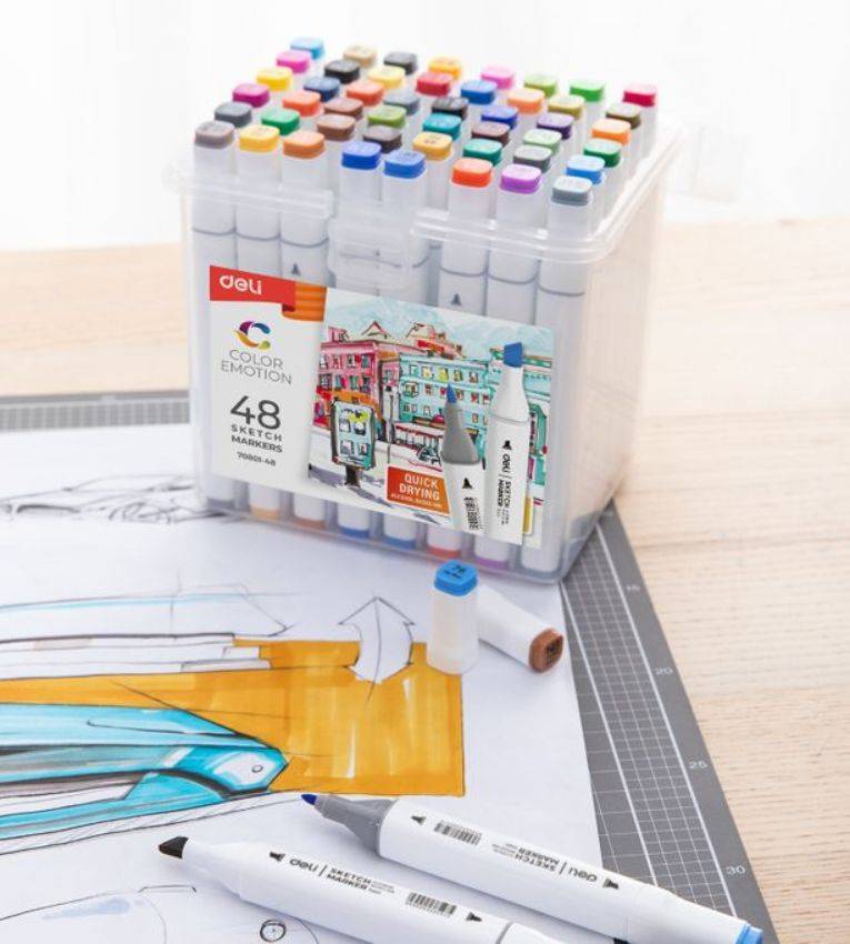 Deli Coffret de 48 Marqueurs Professionnels – Feutres à Double Pointe (1mm & 7mm) à Encre Alcool pour Dessin, Croquis et Illustration